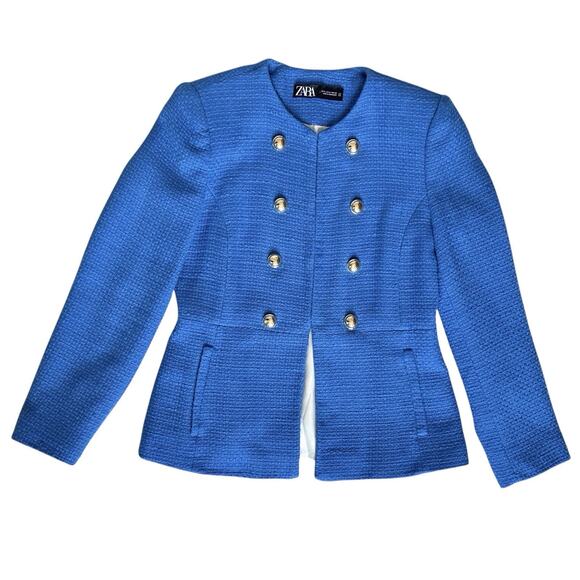 Zara Textured Blue Blazer Jacket Gold Buttons Hook Eye Closure Cotton Medium - Picture 14 of 16